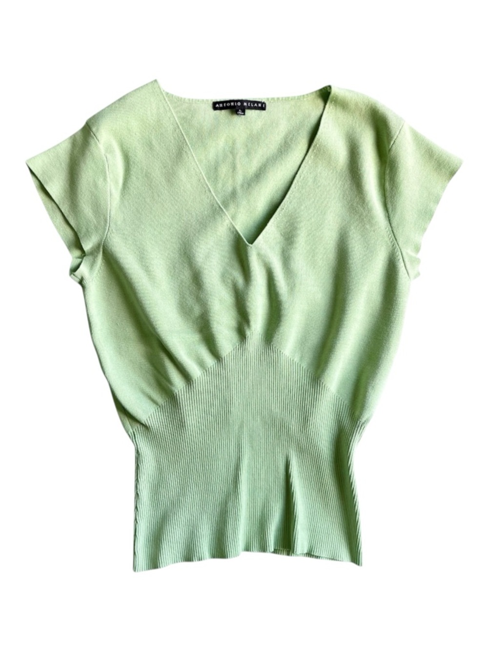 ANTONIO MELANI Green Fitted Ribbed Sweater Blouse w/ V Neck & Cap Sleeves